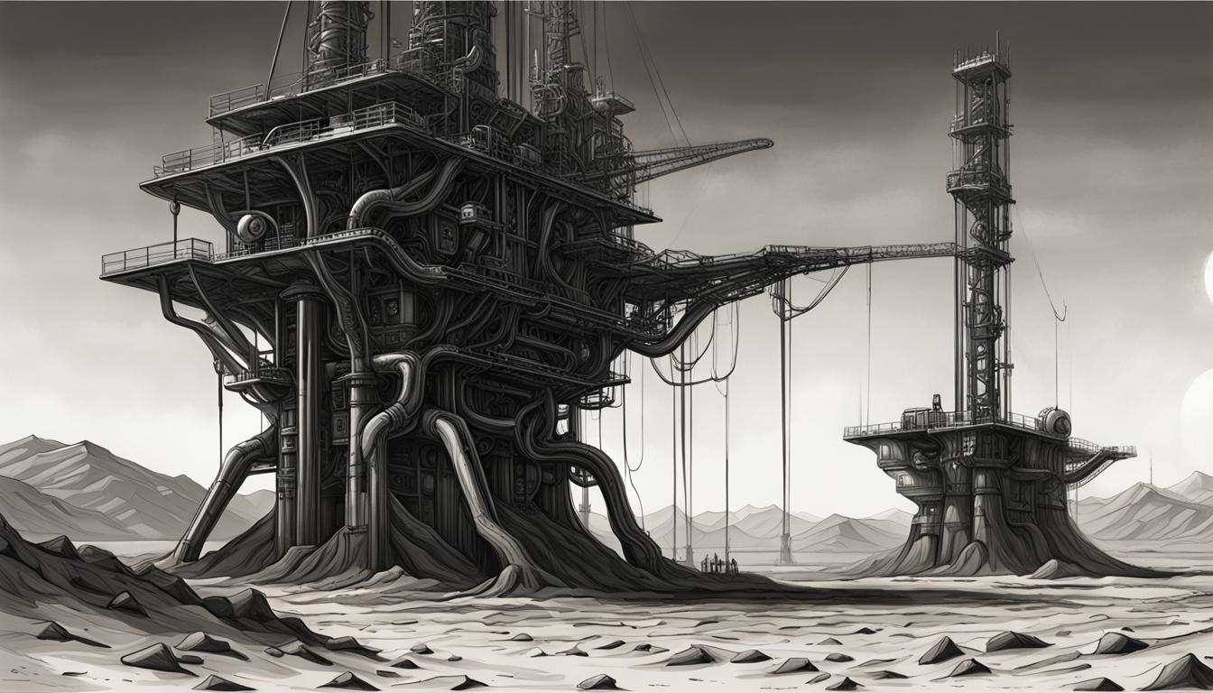 Ominous Desert Oil Rig: Biomechanical Black and White Art