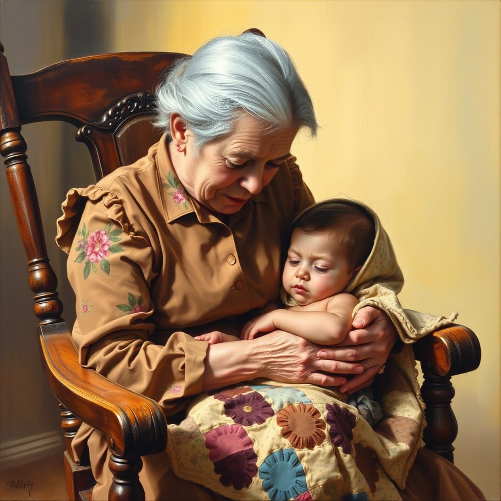 Tender Grandmother Cradles Frail Granddaughter in Warm, Gold...