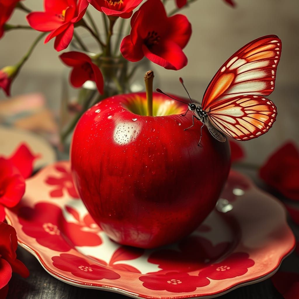 Vibrant Red Apple Still Life with Butterfly