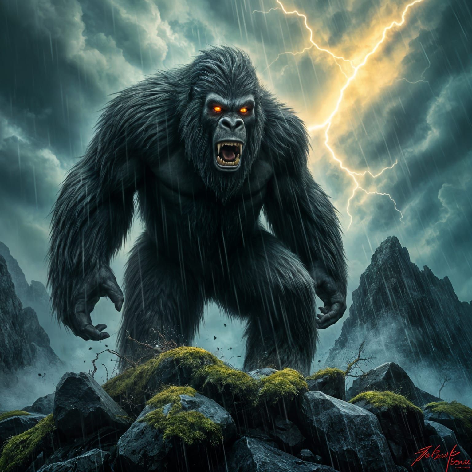 Sasquatch in a Stormy, Mythical Landscape