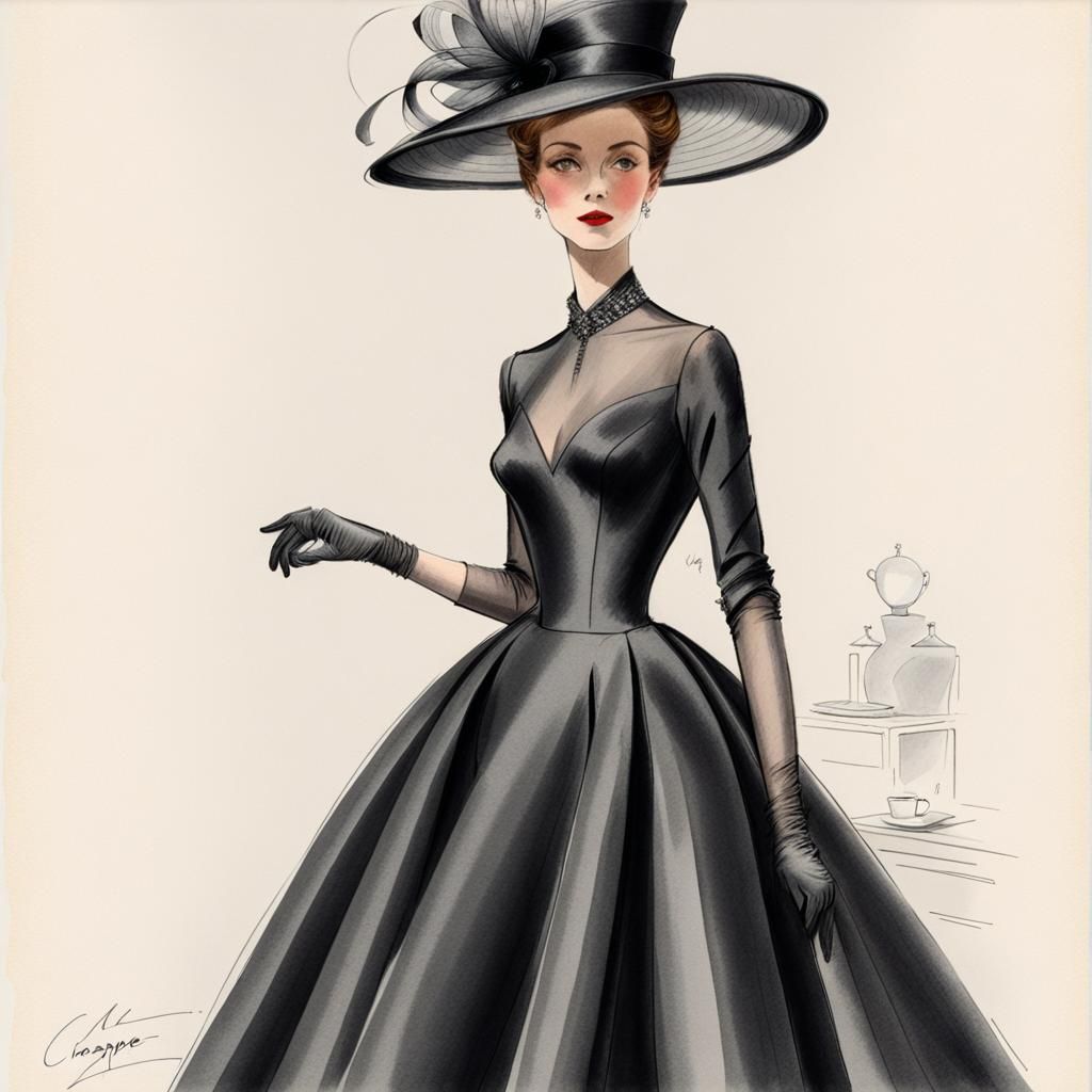 Elegant Black Silk Couture Dress Sketch