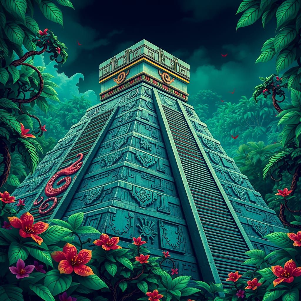Stylized Aztec Pyramid Rises from Emerald Jungle