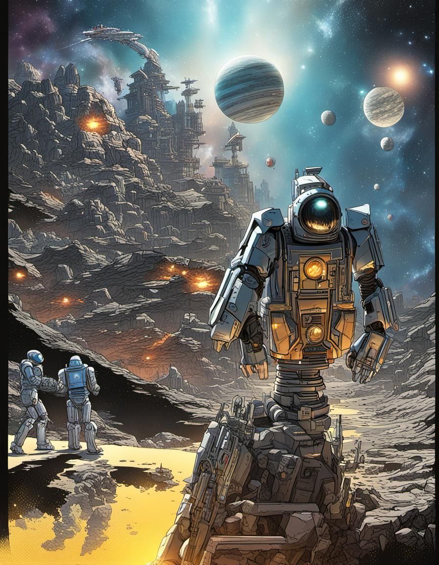 Photorealistic Sci-Fi Robot and Human Comic Art