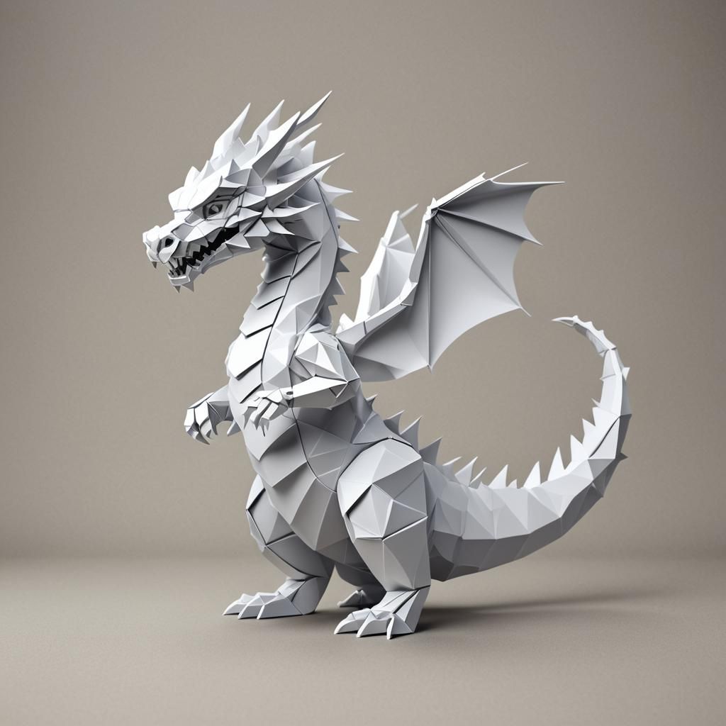 White Origami Cartoon Dragon in Acrylic Style