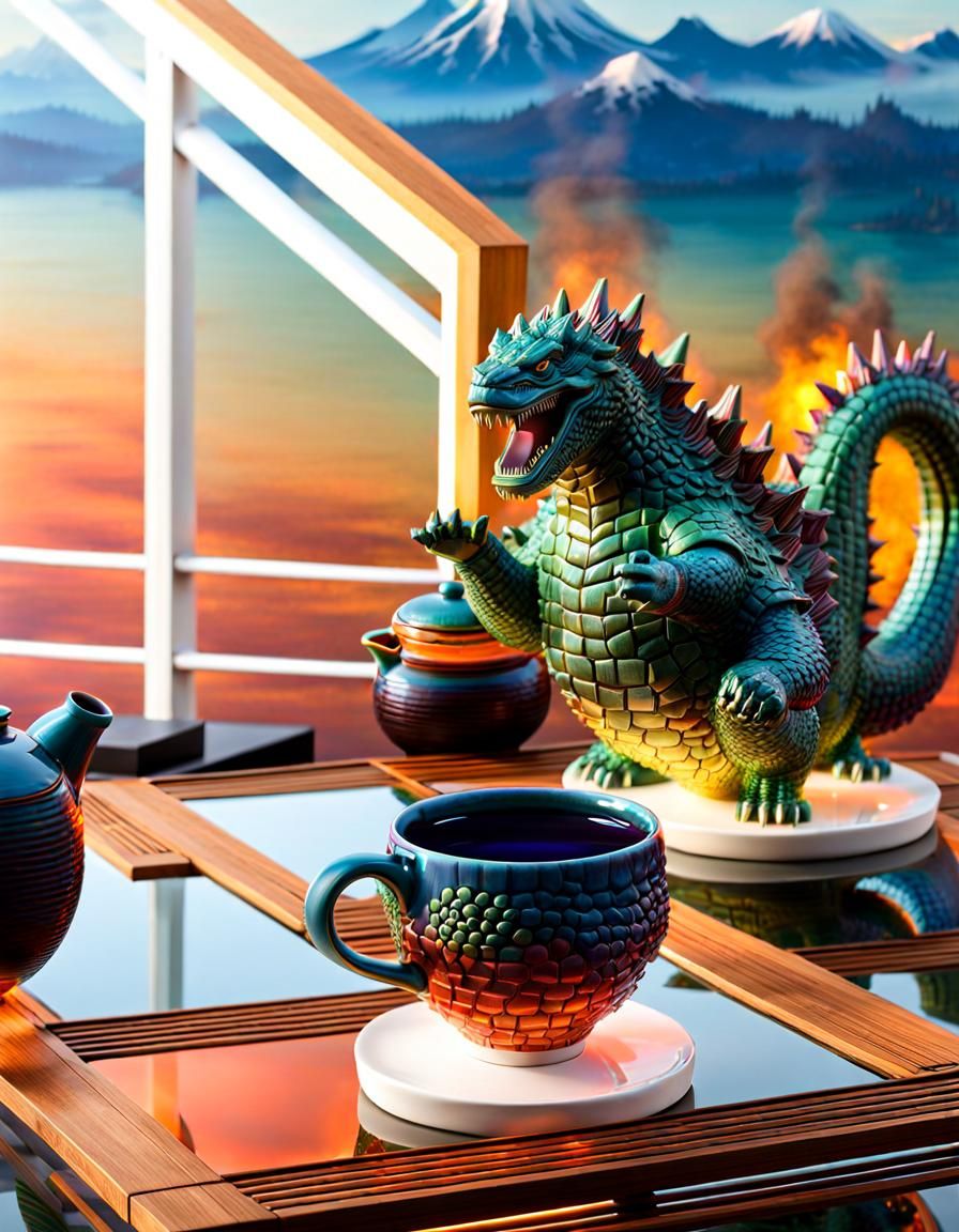 Godzilla Teapot Set in Glitchcore Porcelain Style
