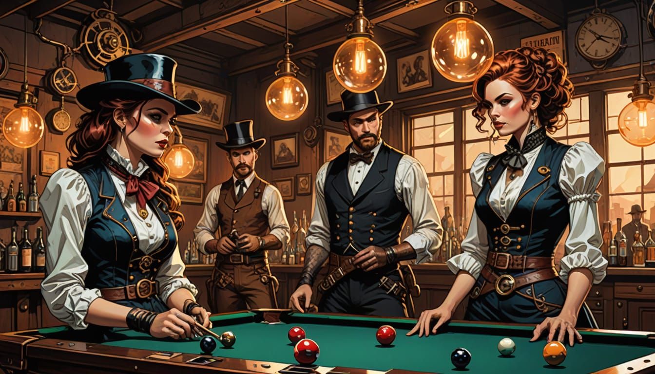 Steampunk Women Gunfighters Play Billiards