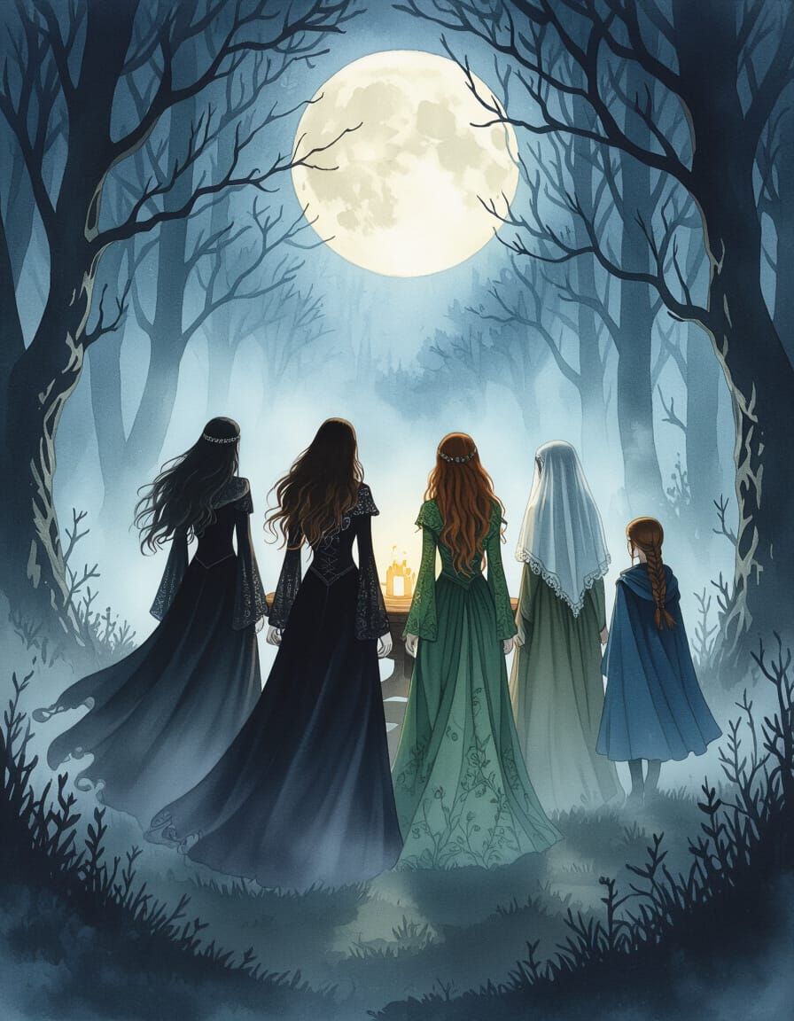 Five Elegant Witches in Foggy Forest Watercolor