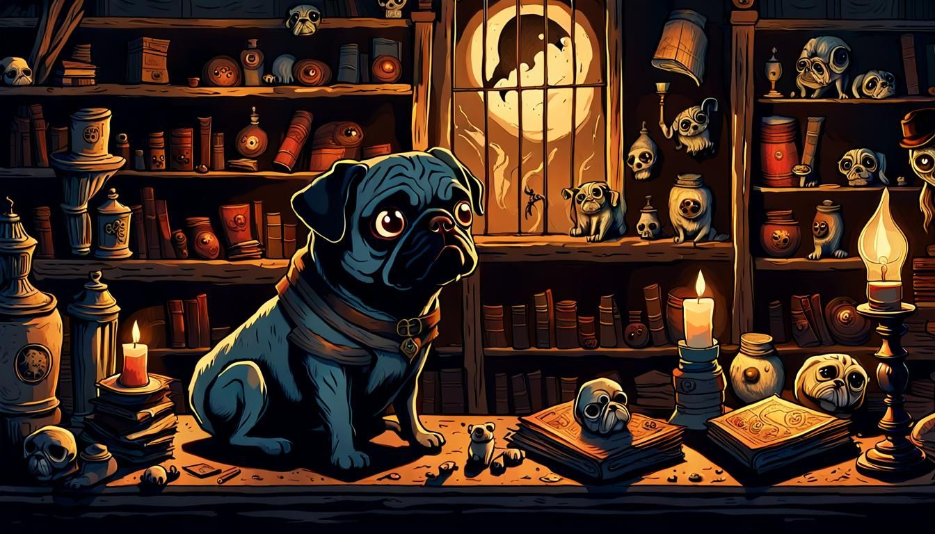 Pug Gazing at Cursed Objects in Burtonesque Style