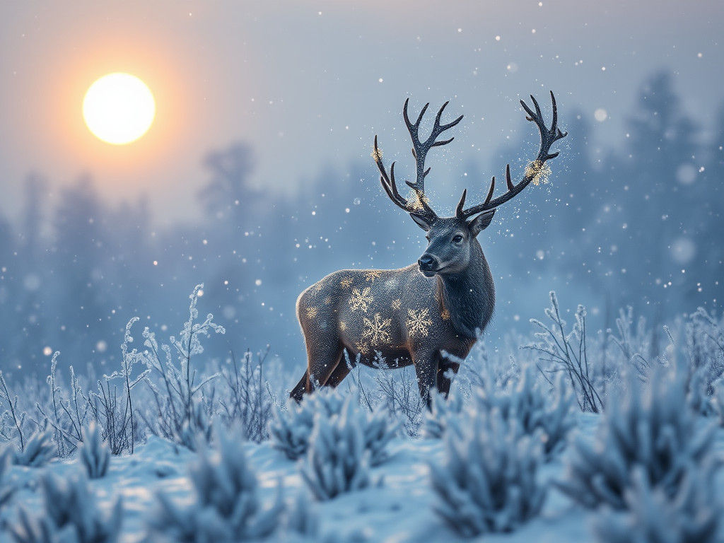 Ethereal Elk in Moonlit Winter Landscape