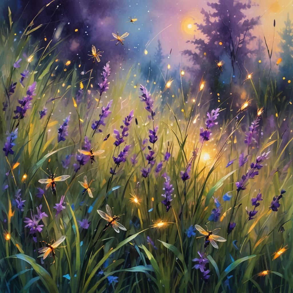Fireflies Dance in Impressionistic Summer Meadow