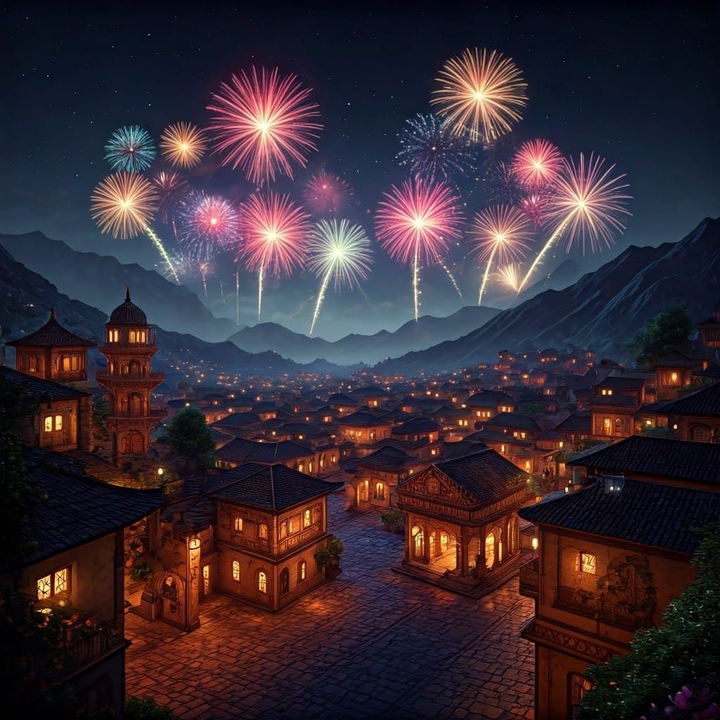 Indian Village Night Panorama with Fireworks Display