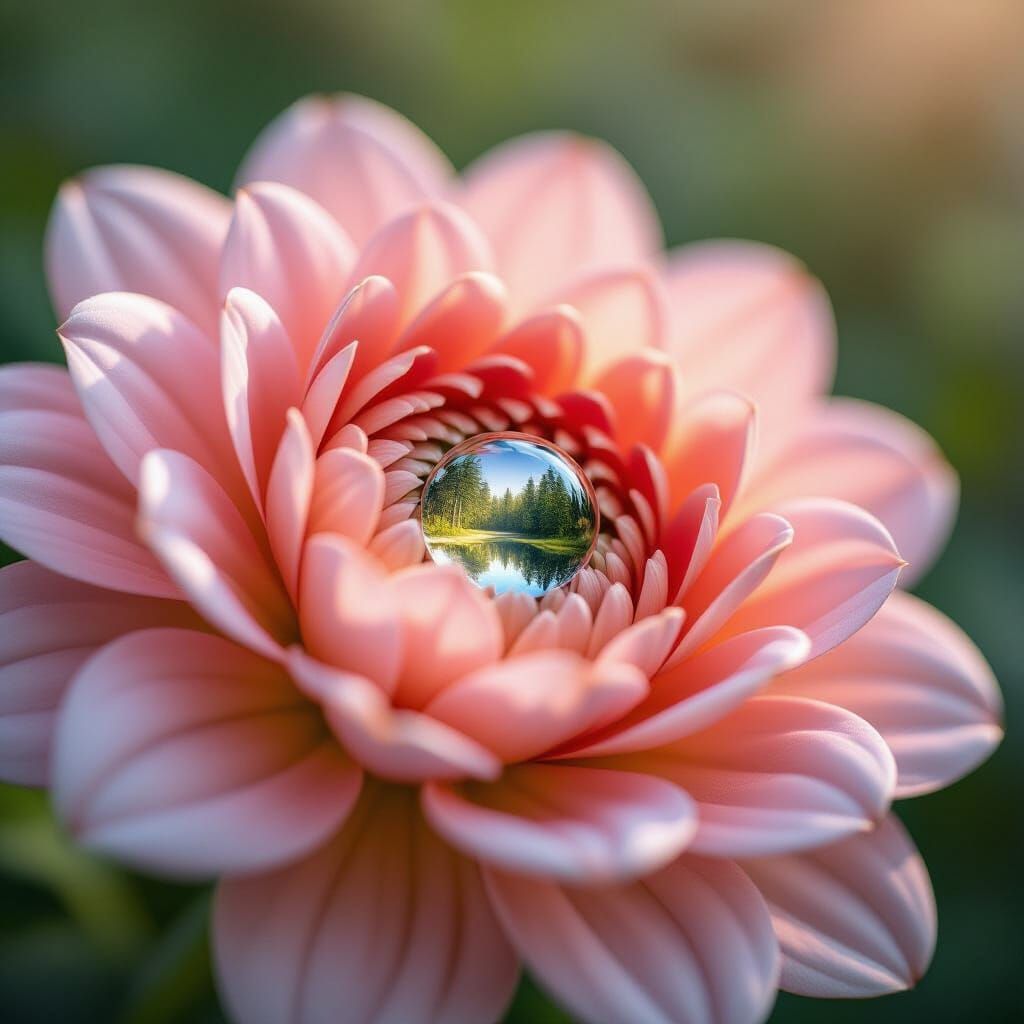 Dewdrop Reflecting Forest on Flower Petal