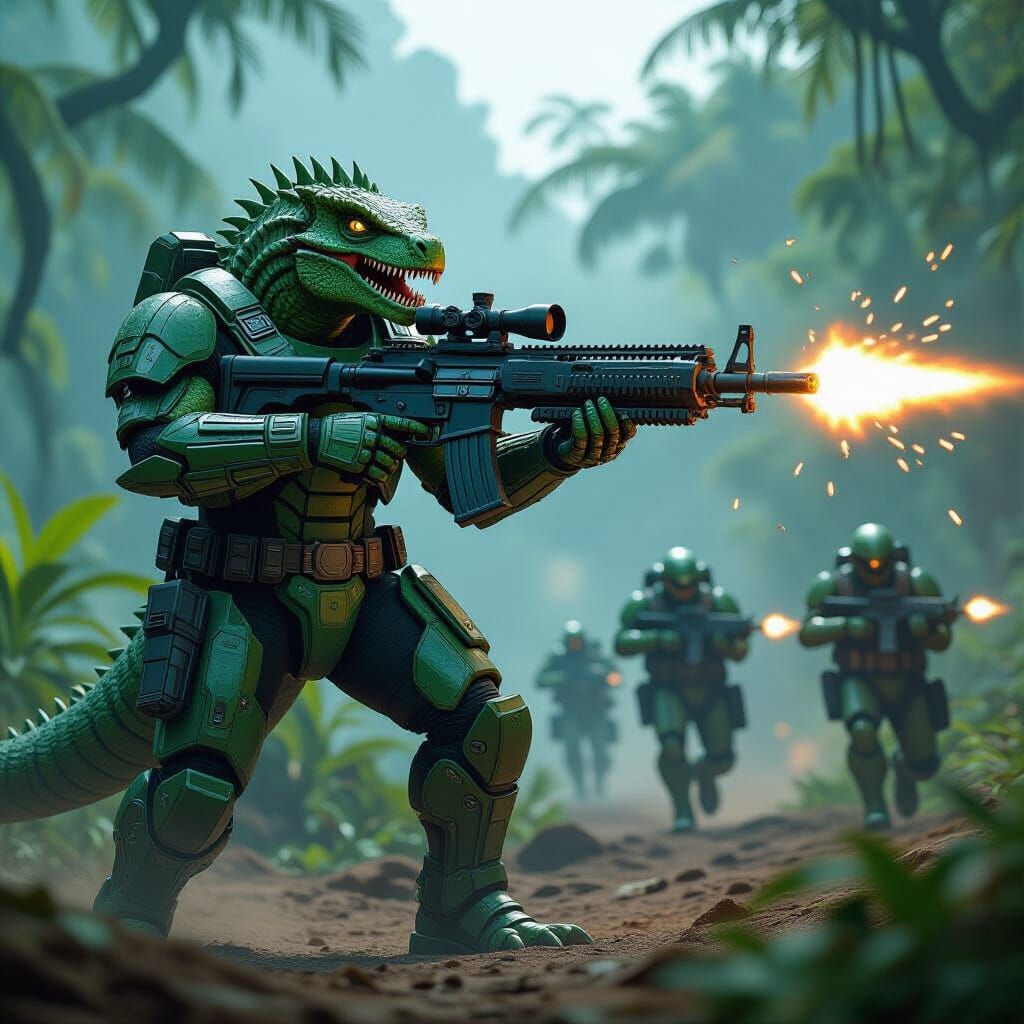 Green Raptor Warrior in Sci-Fi Armor Fires Machine Gun