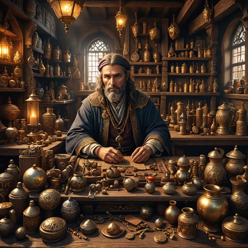 Medieval Merchant at Table: Fantasy Concept Art
