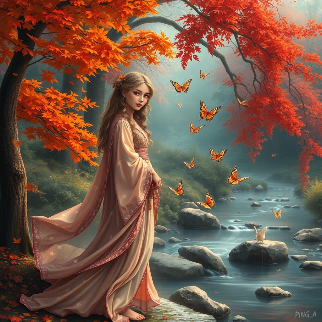 Ethereal Maiden in Autumn Landscape with Butterflies