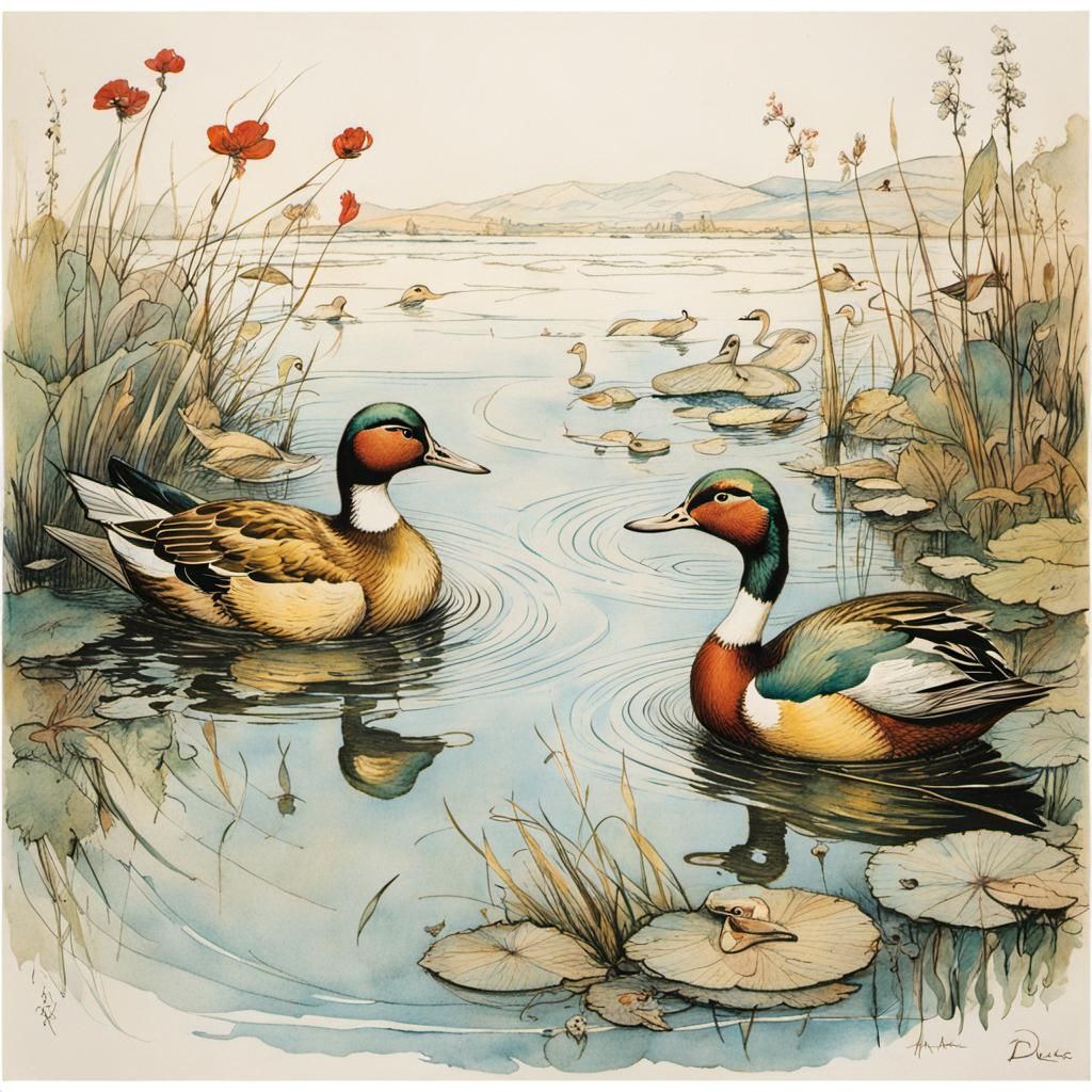 Ducks in Arthur Rackham, Carne Griffiths, Paul Klee Style