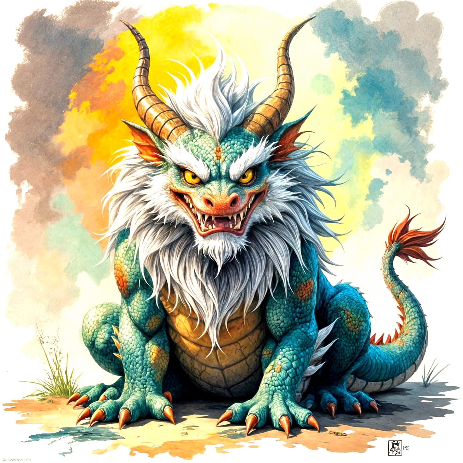 Whimsical Dragon Portrait in Dadaist Fauvist Style