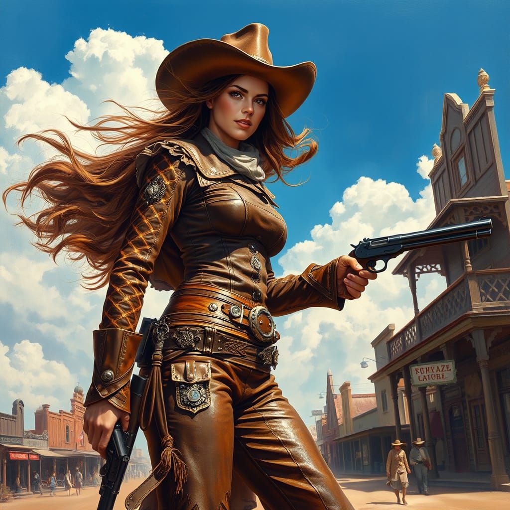 Plus-Size Female Gunfighter in Oil Painting Style