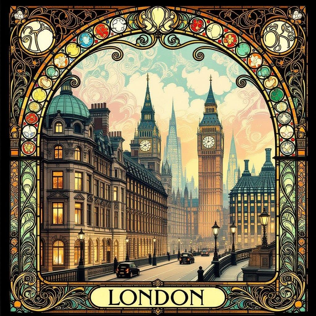 Art Nouveau London Cityscape with Stained Glass Effect