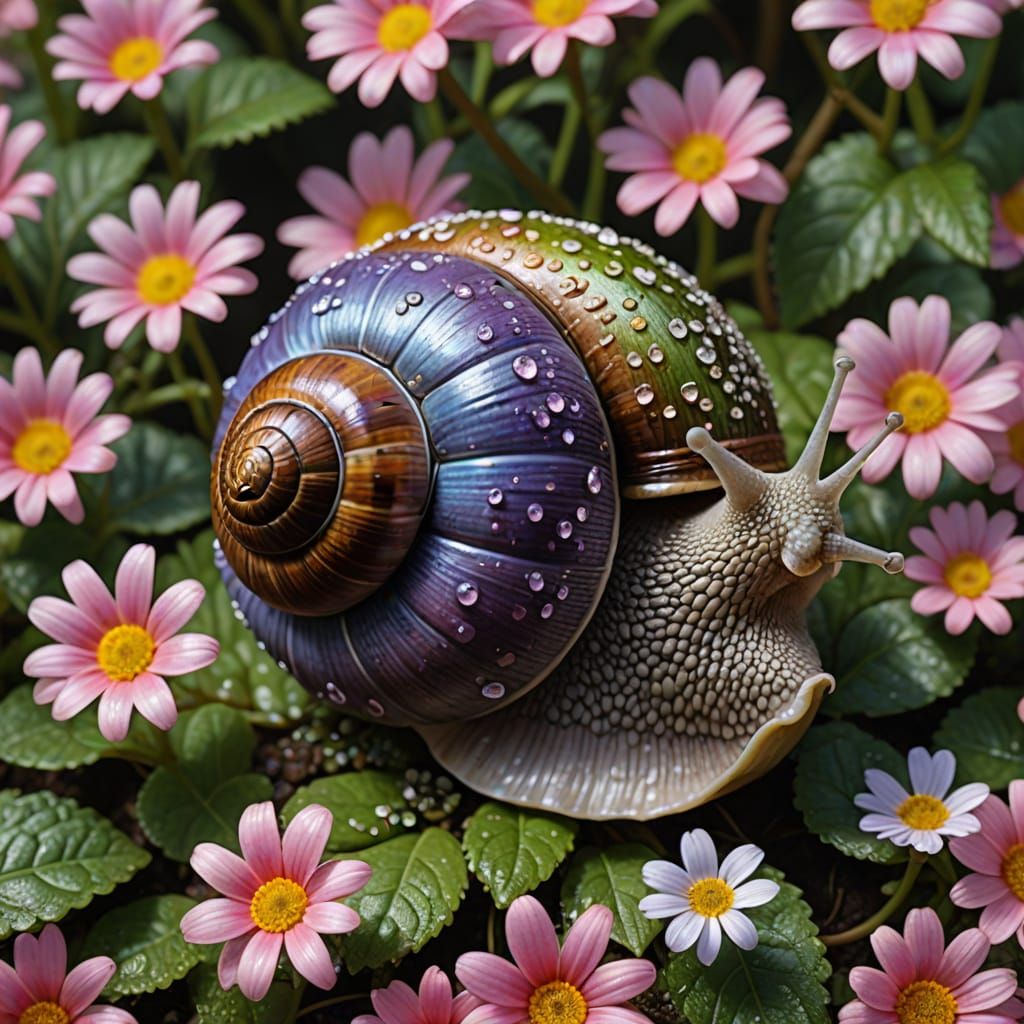 Vibrant Garden Snail with Iridescent Flowers