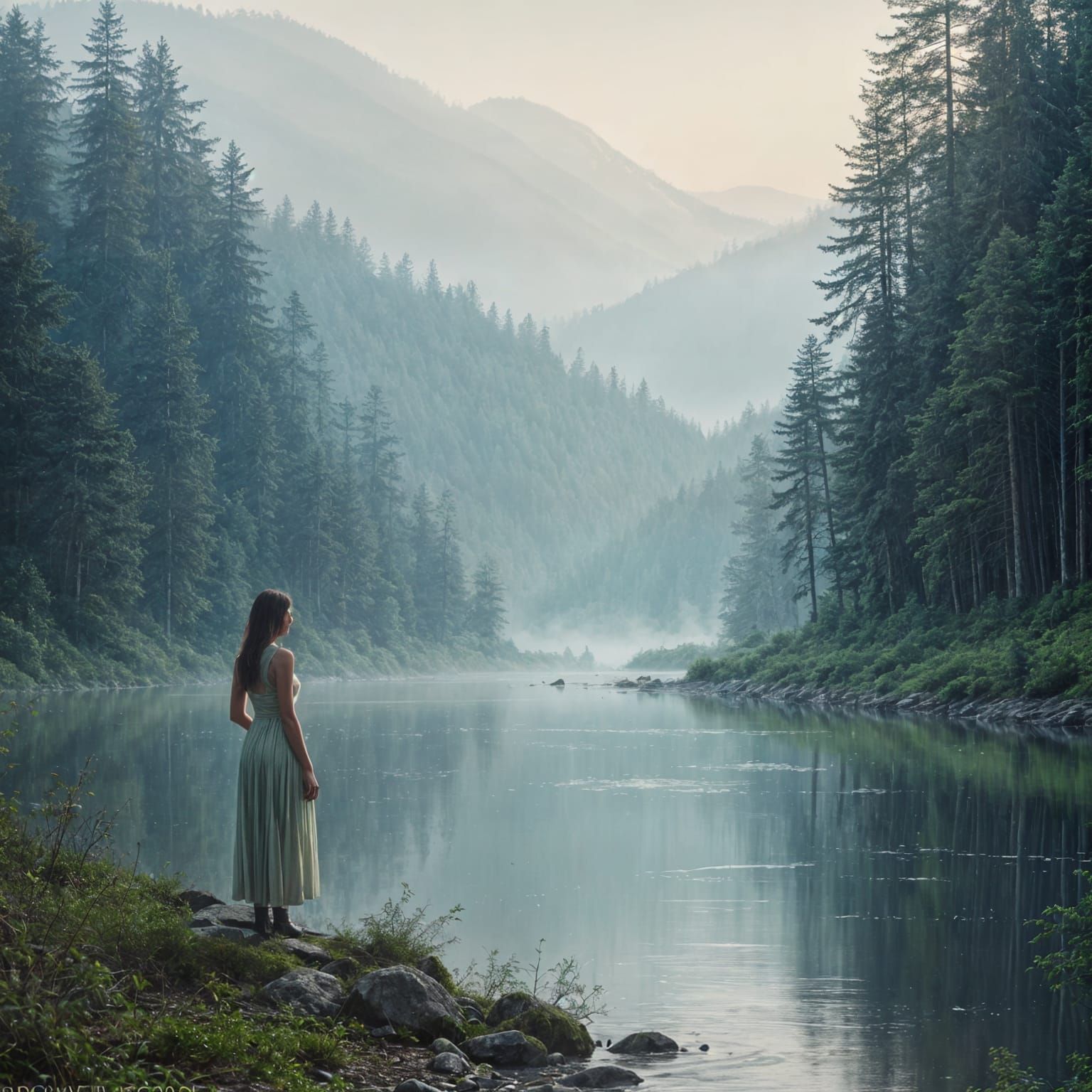 Serene Woman by River with Douglas Firs