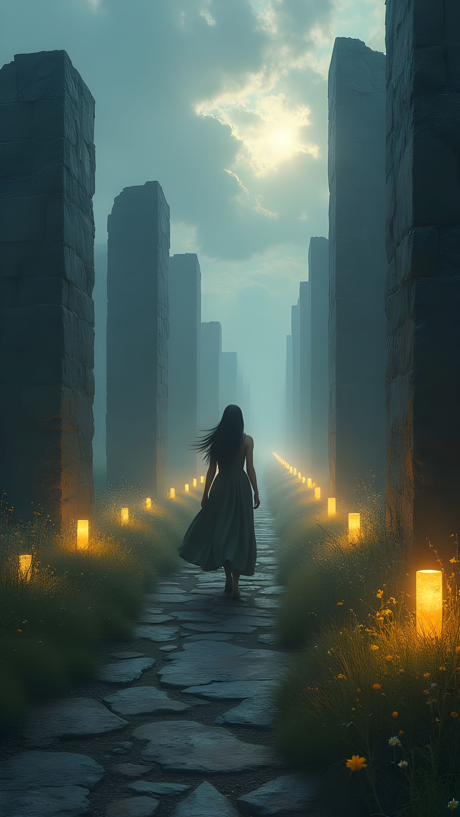 Mystical Nordic Woman on Sacred Runestone Path