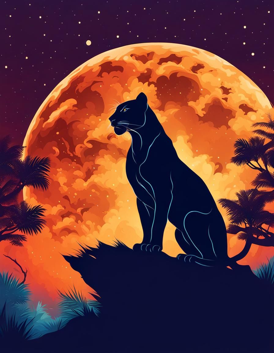 Moonlit Panther Silhouette in Color Lineart Style