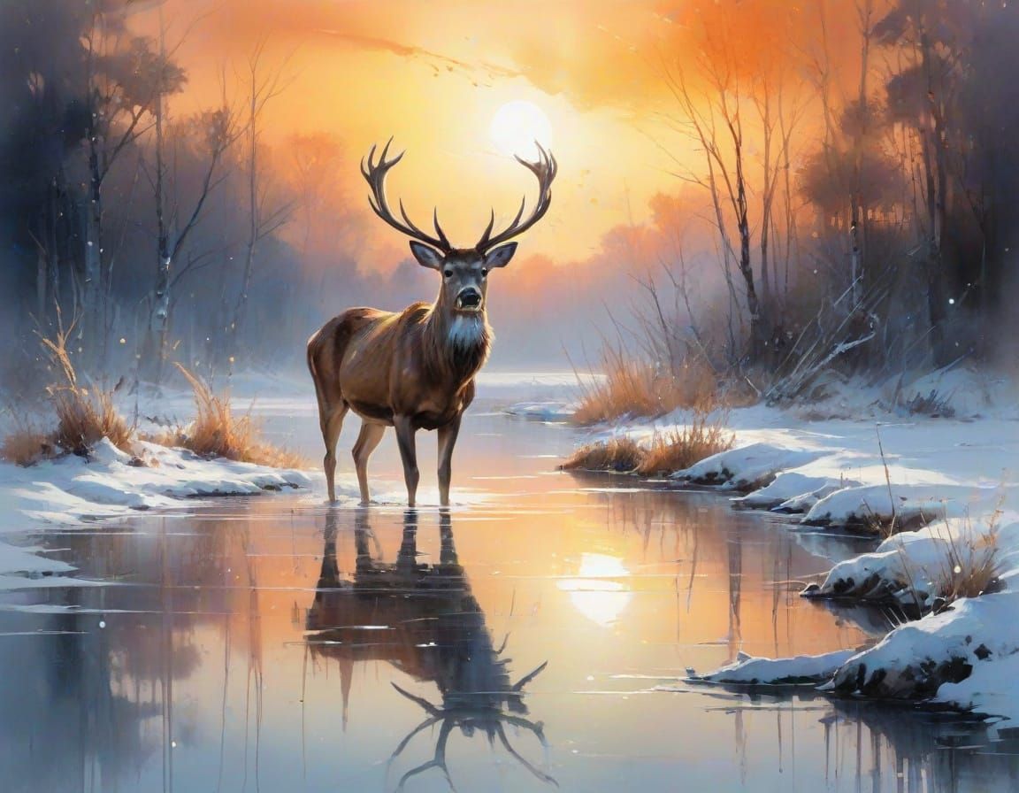 Summer Deer on Moonlit Lake in Watercolour Style