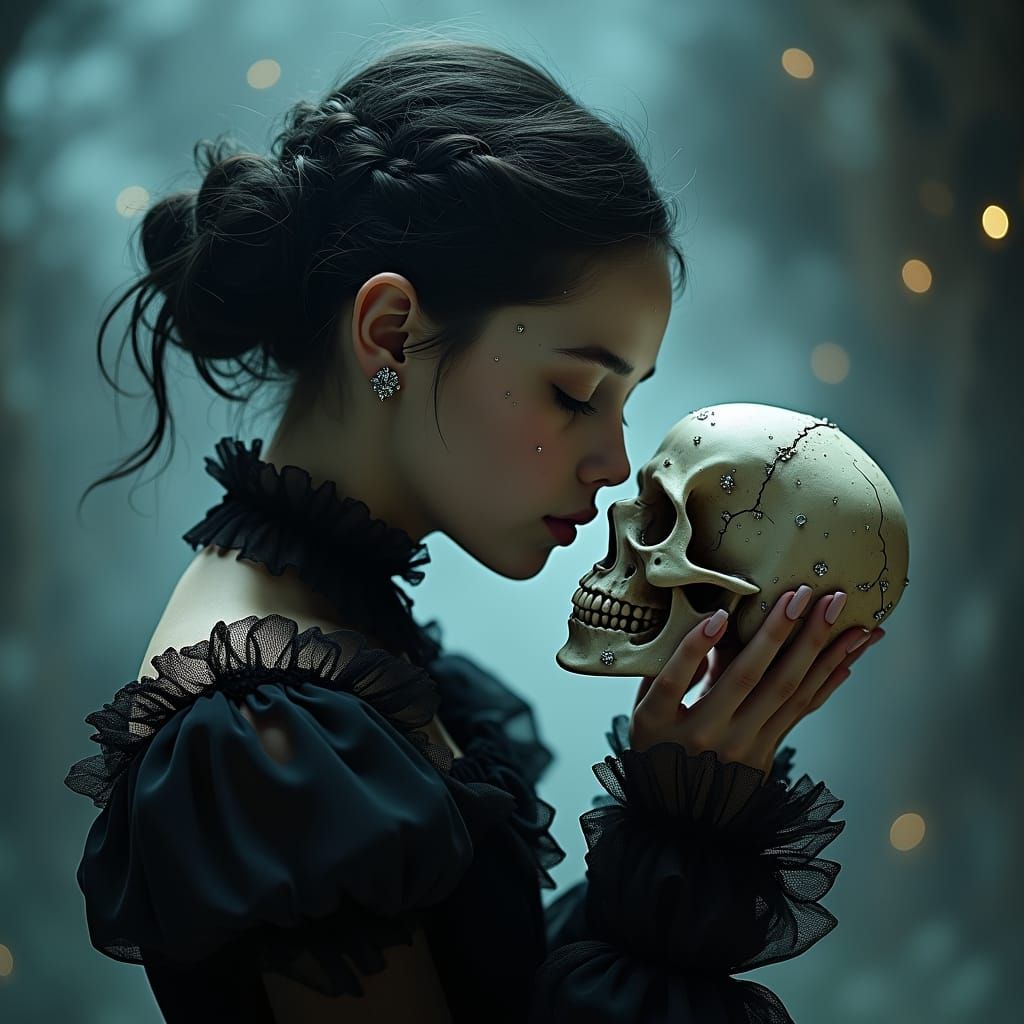 Girl Kisses Jeweled Skull in Dark Surrealist Style