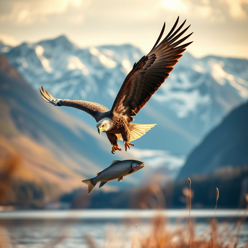Eagle Captures Trout: Wildlife Photography in Golden Light