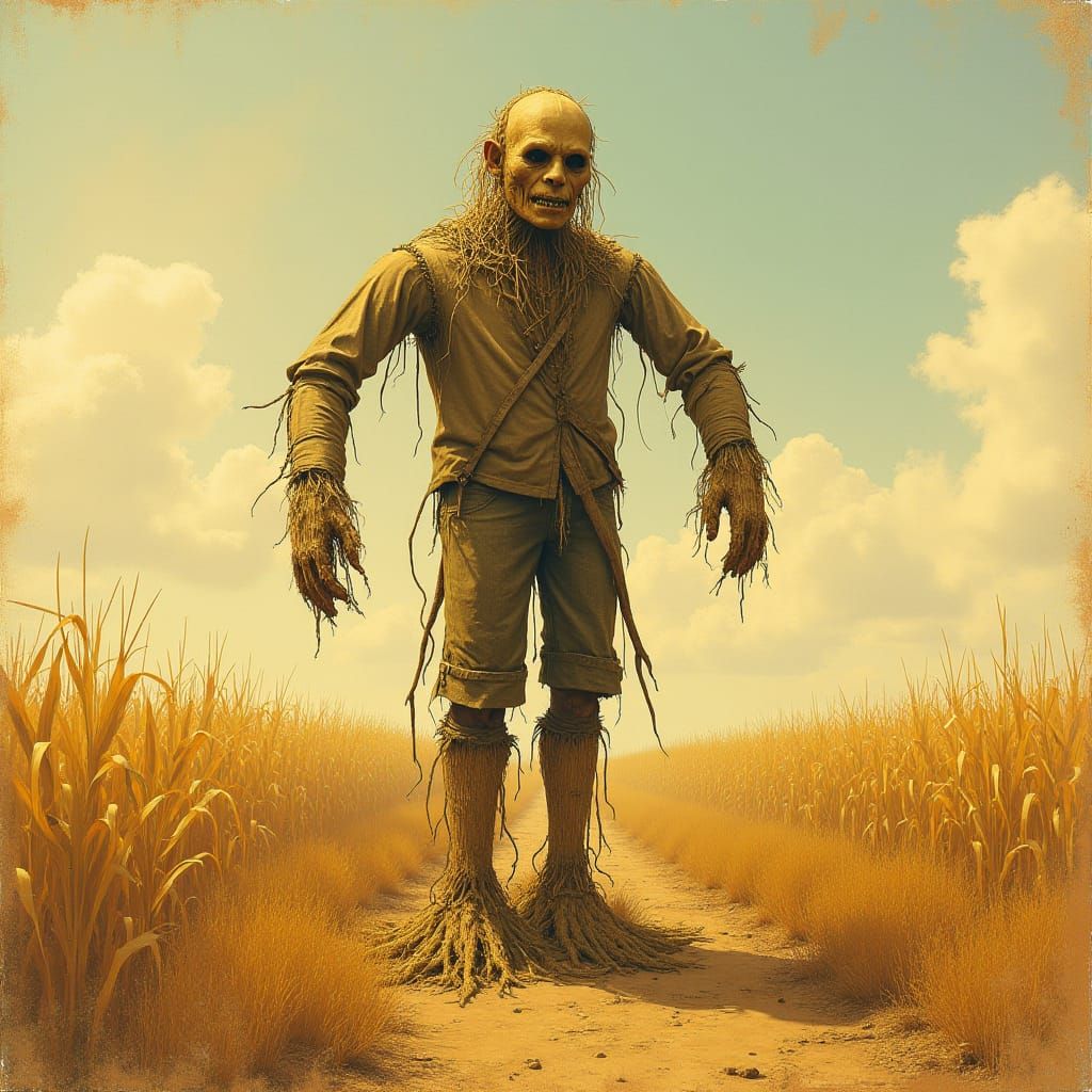 Wizard of Oz Scarecrow in Dreamlike Landscape
