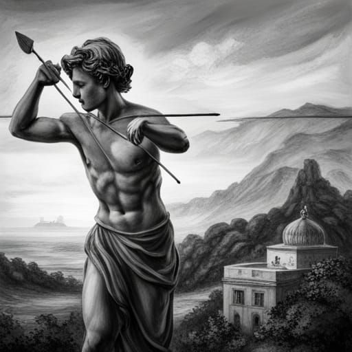 Cupid Aims Arrow: Black and White Grecian Statue