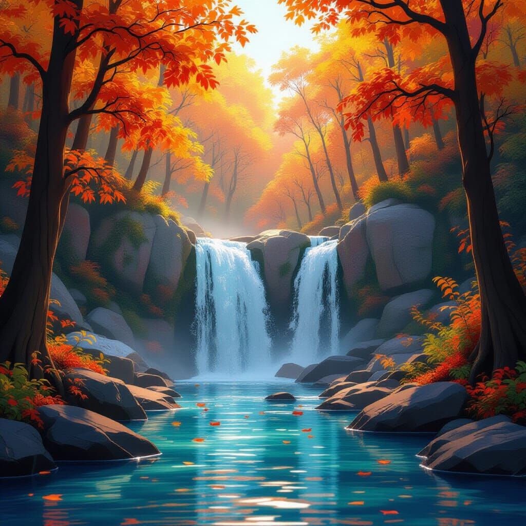 Autumn Forest Waterfall in Pixar Style