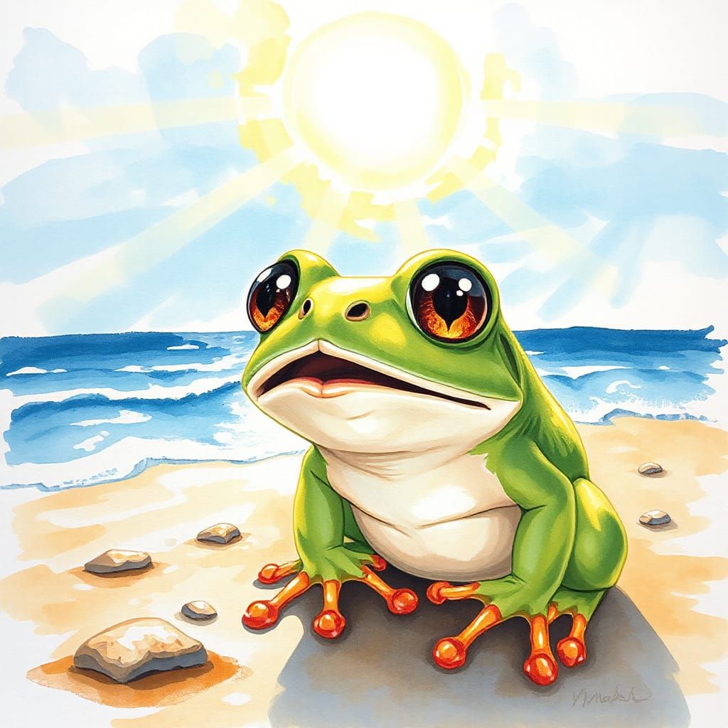 Surprised Chibi Frog on Beach, Expressionist Watercolor