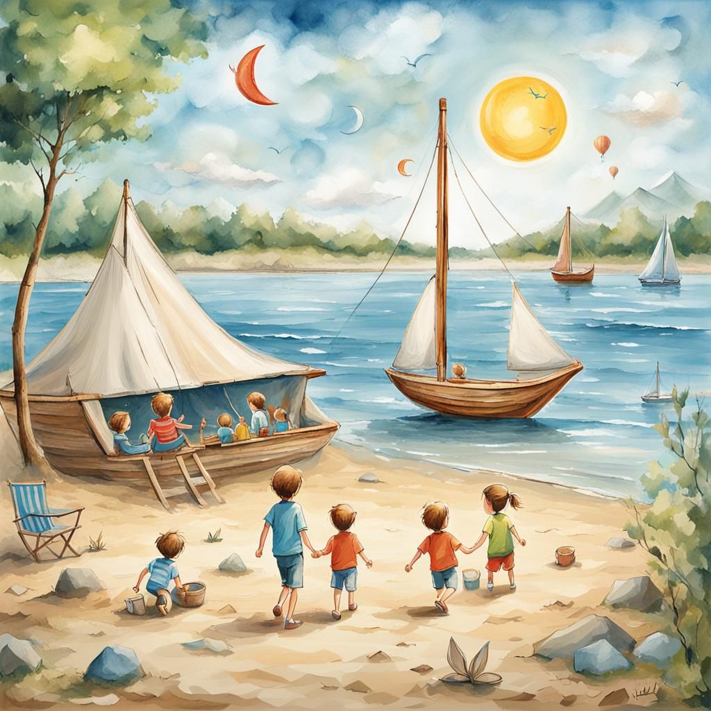 Moonlit Lake Scene with Family Camping