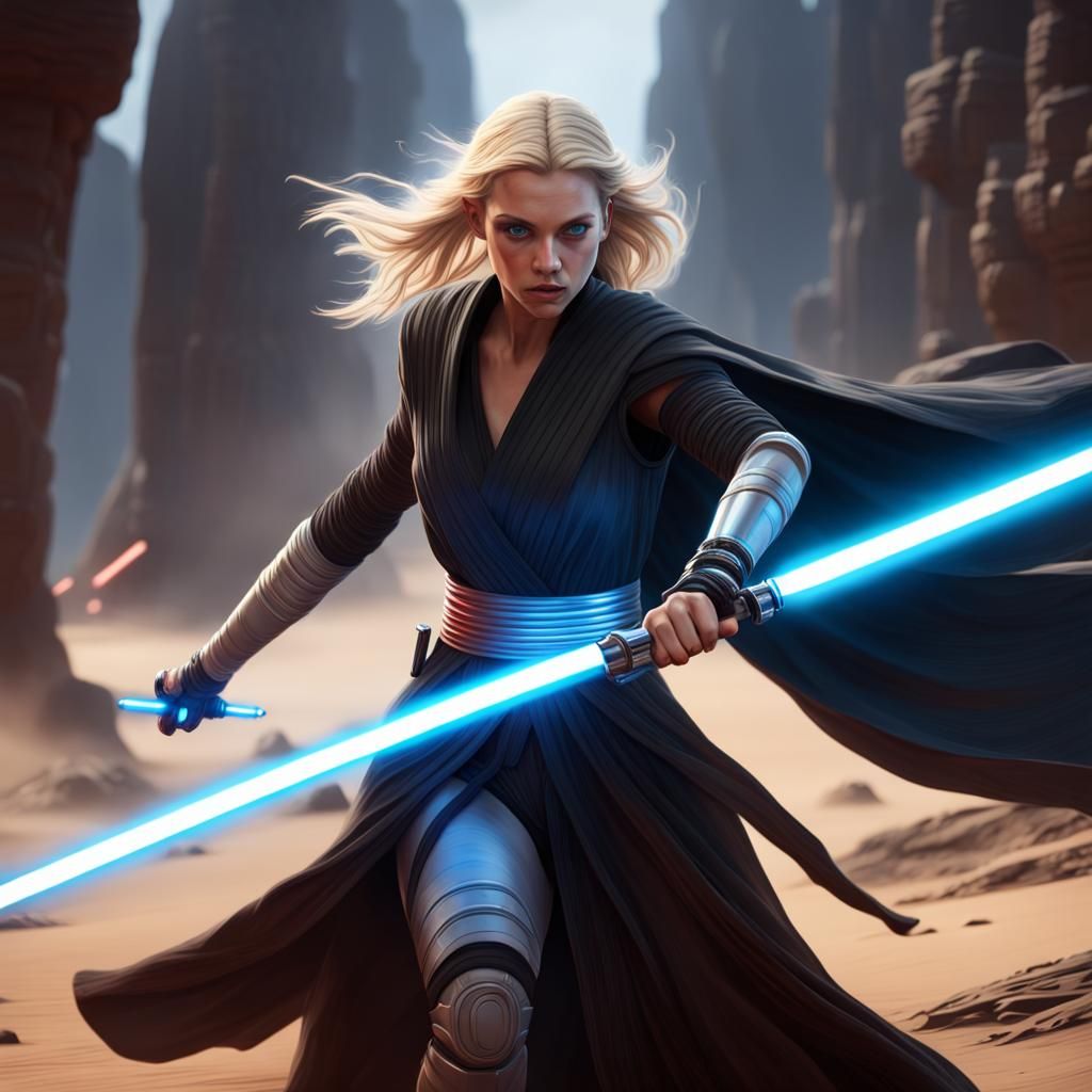 Blonde Jedi Knight with Lightsaber, Detailed Matte Painting