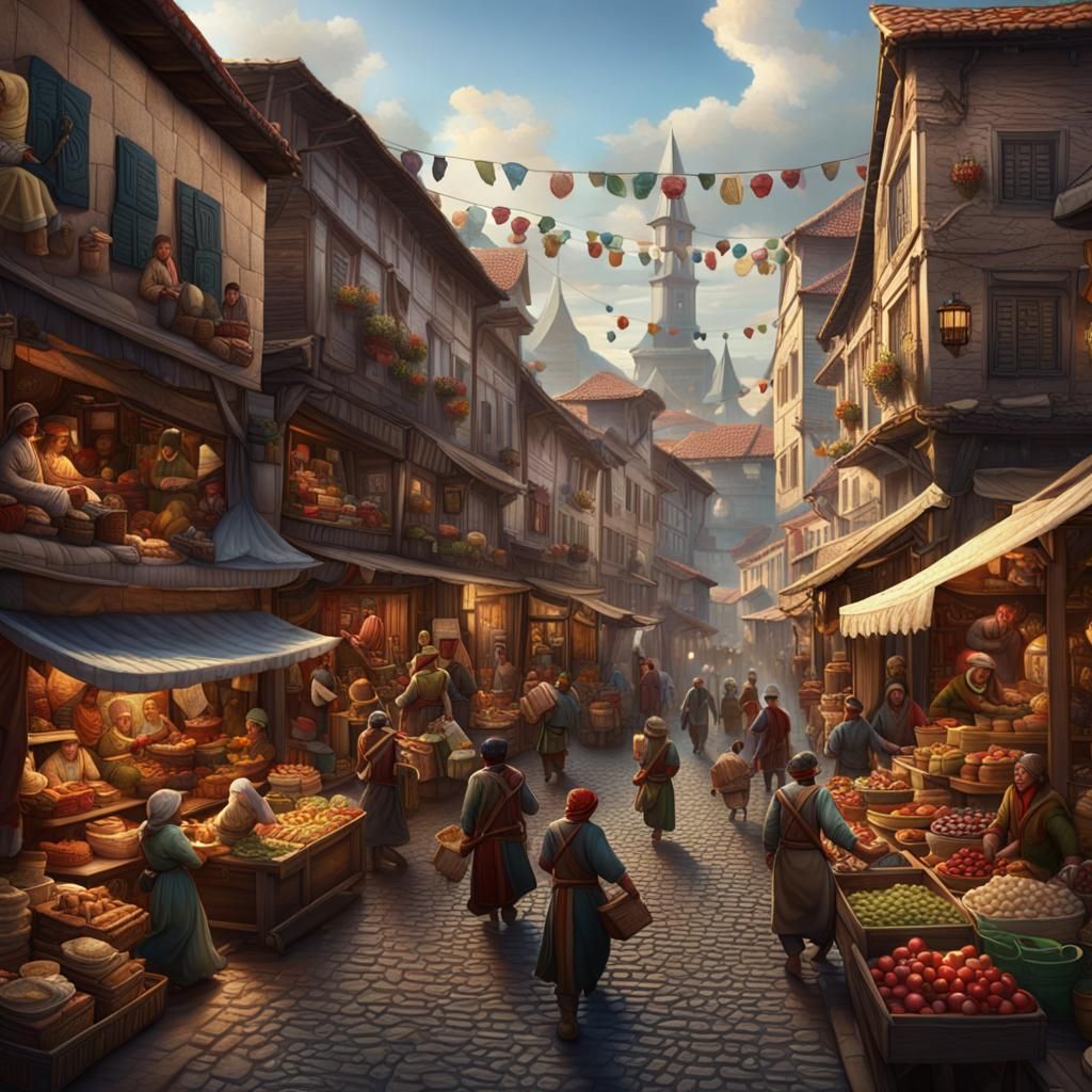 Historical Town Market Scene as Matte Painting