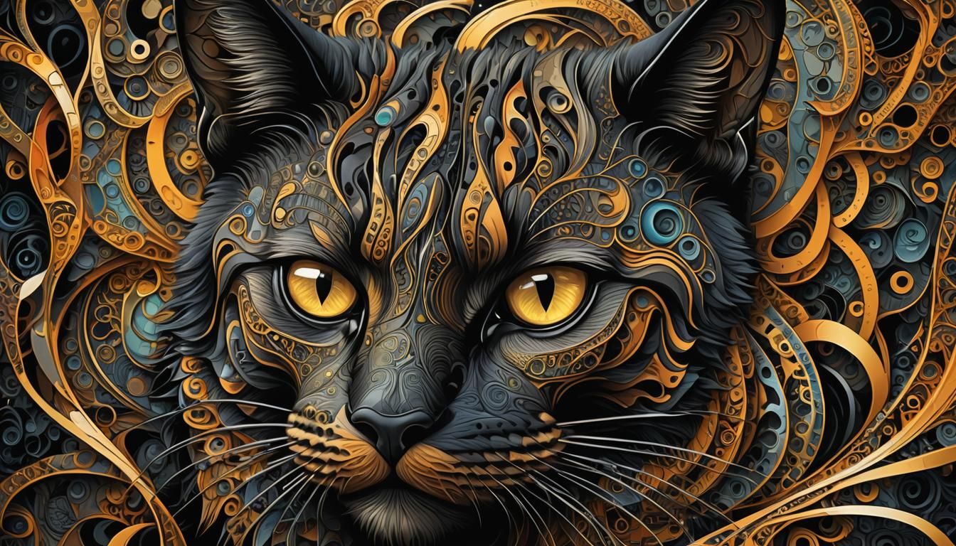 Demonic Cat Portrait in Abstract Fractal Art Style