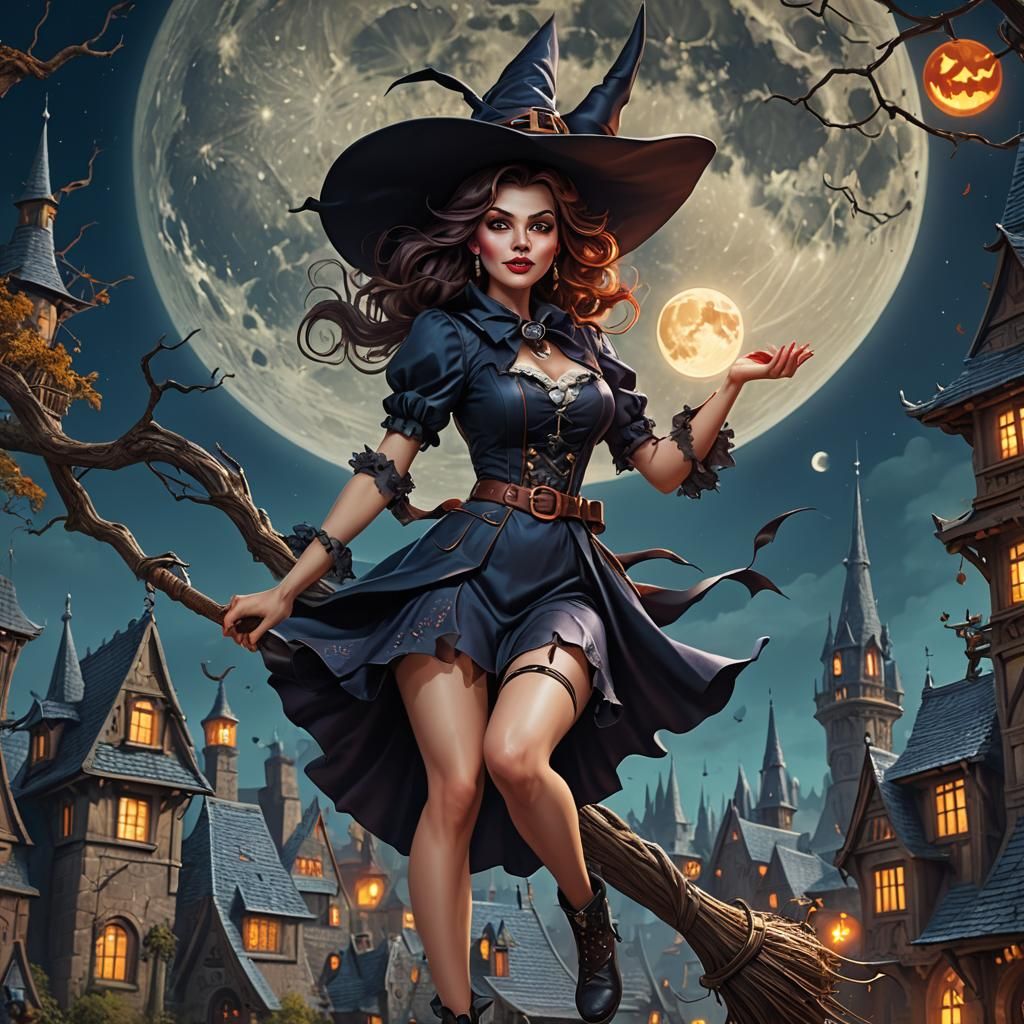 Charming Witch Pin-Up Under a Super Moon