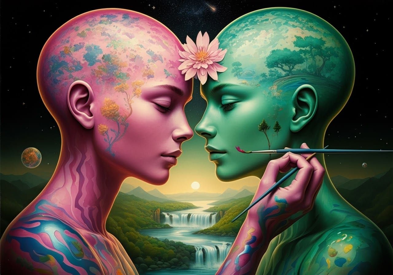 Surreal Humanoids Painting Each Other's Worlds
