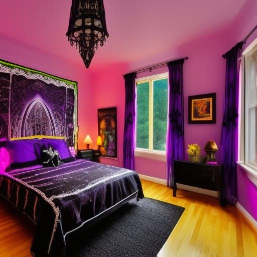 Gothic bedroom with black walls& Black Gothic windows with neon purple curtains& Black lights& purple Gothic bed& cosmic...