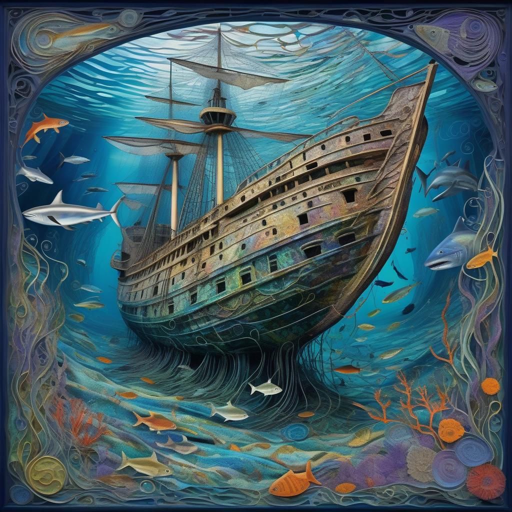 Psychedelic Shipwreck Scene in Margaret Mackintosh Style