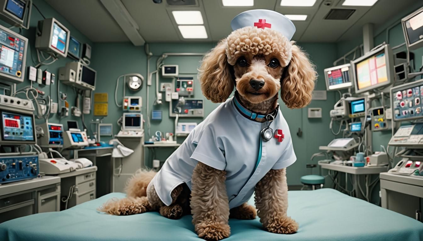 Anthropomorphic Poodle Nurse in Operating Room