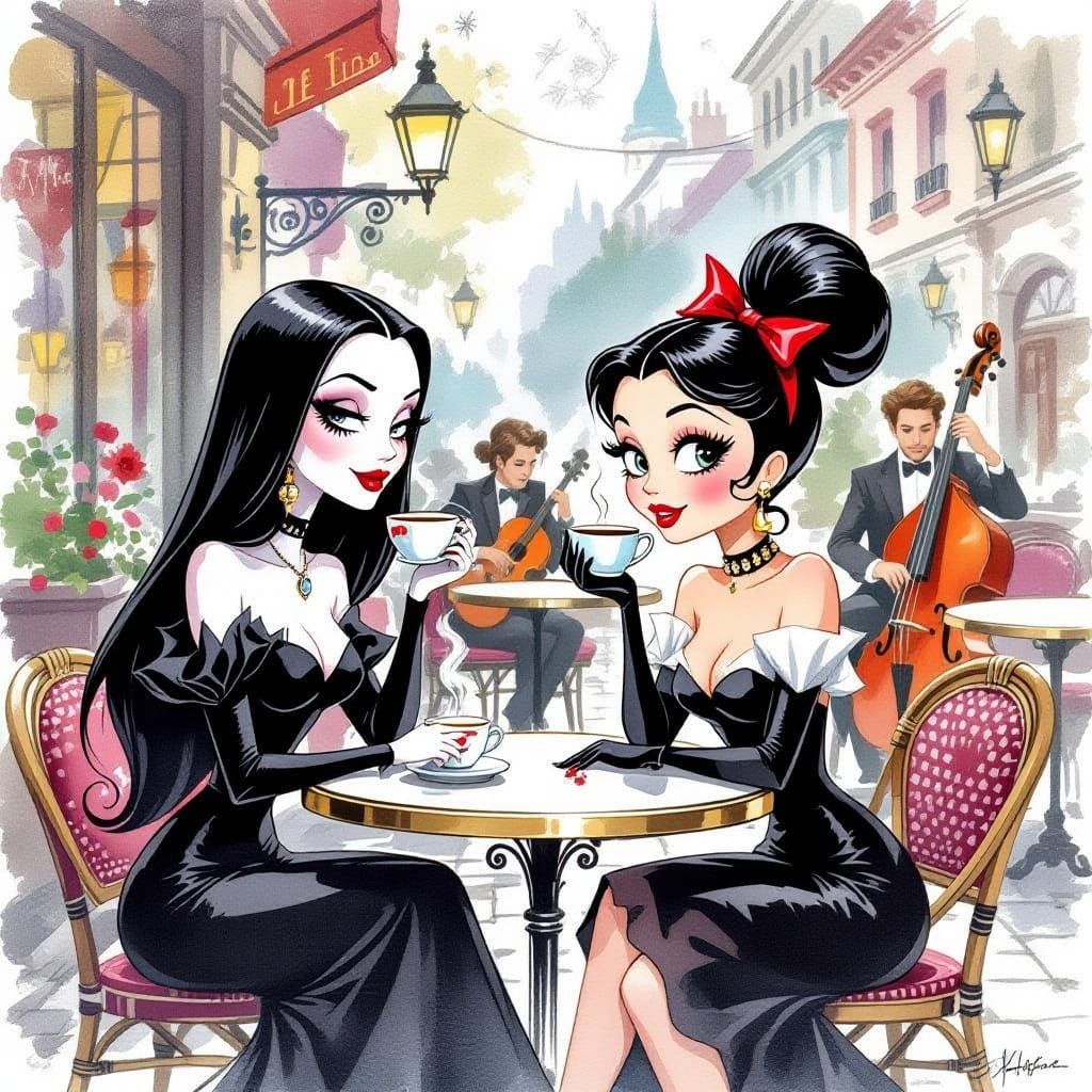 Morticia Addams and Betty Boop Enjoy Coffee in a Cozy Cafe-B...