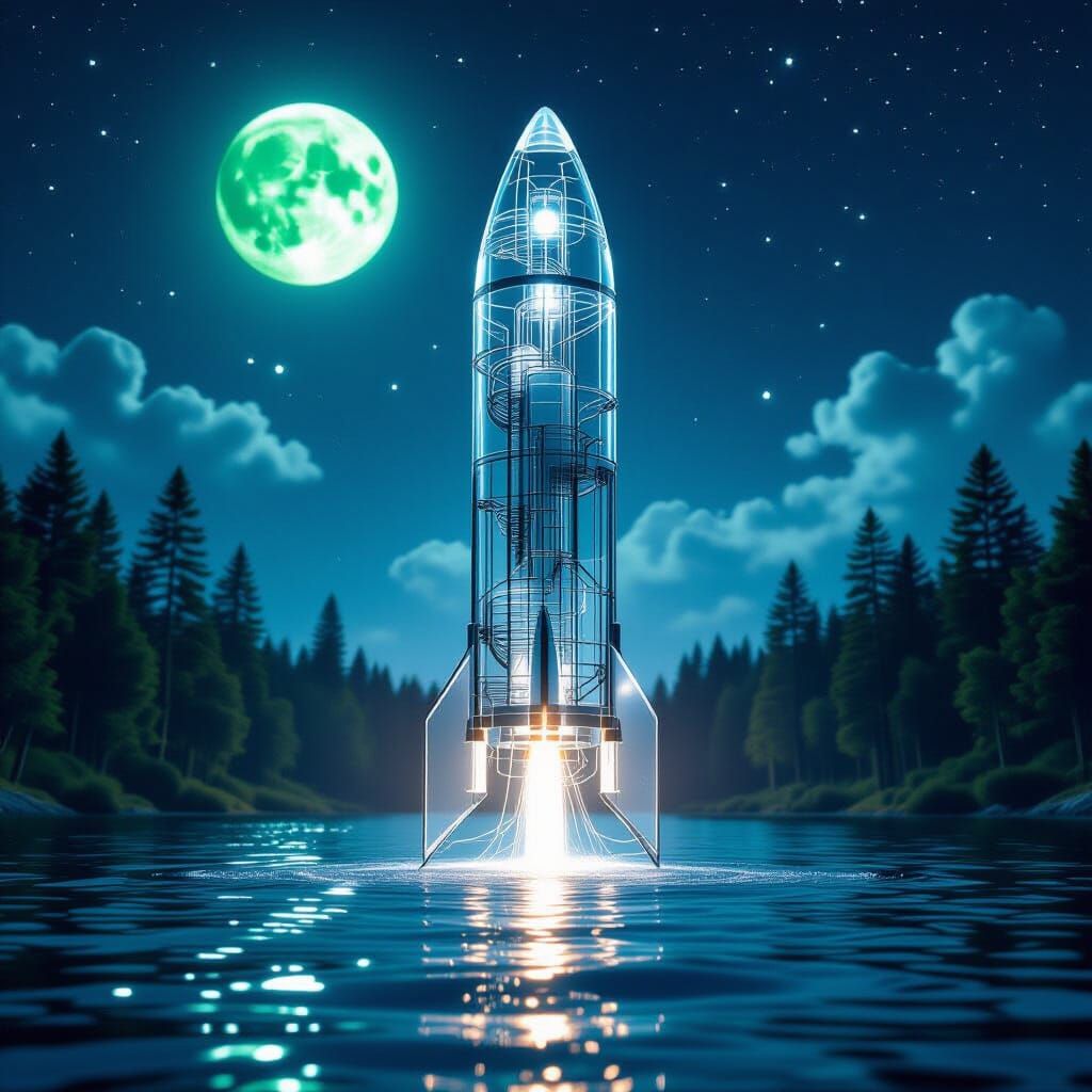 Glass Rocket Underwater with Green Moon