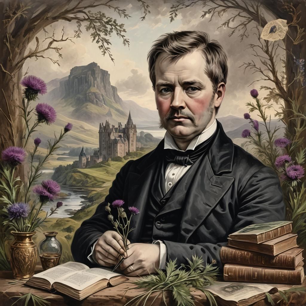 Walter Scott Portrait with Scottish Landscape and Books