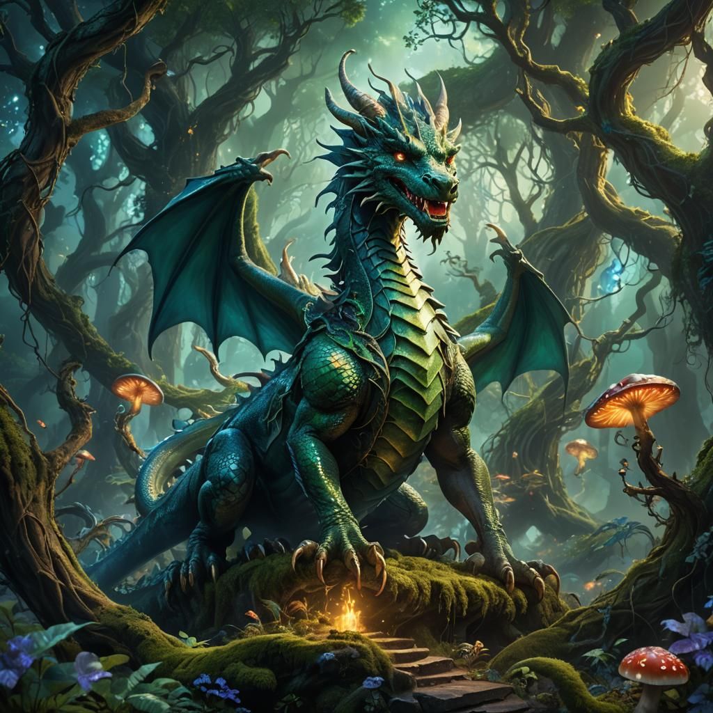 Majestic Dragon in Mystical Forest Concept Art
