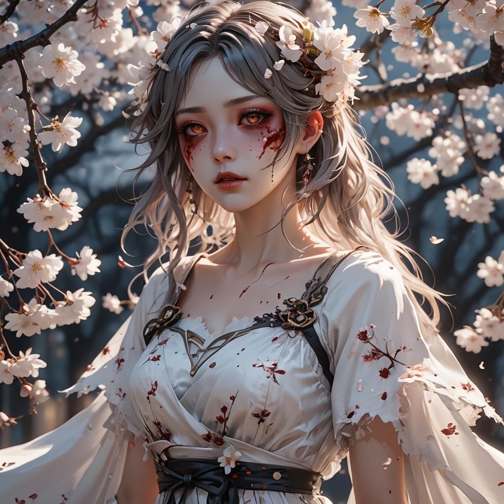 Anime Zombie Girl Portrait with Cherry Blossoms