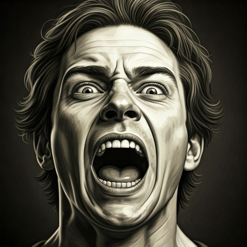 Dramatic Charcoal Drawing of a Screaming Man