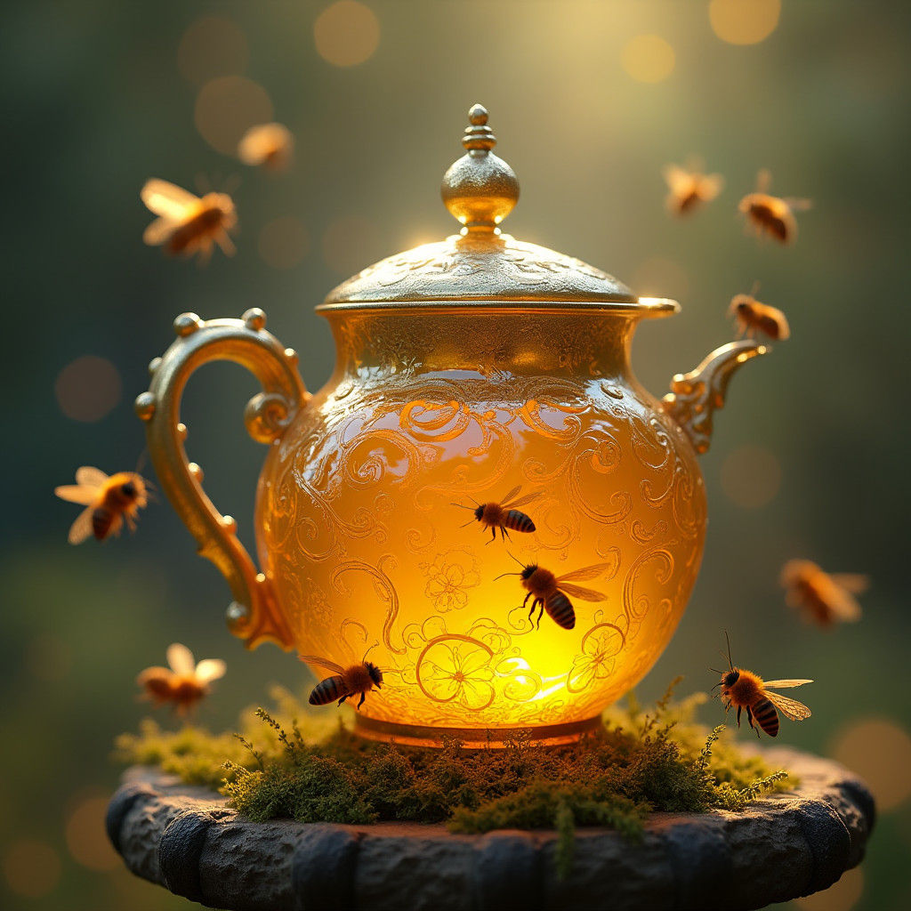 Bees Drawn to Golden Honey Pot on Mossy Pedestal